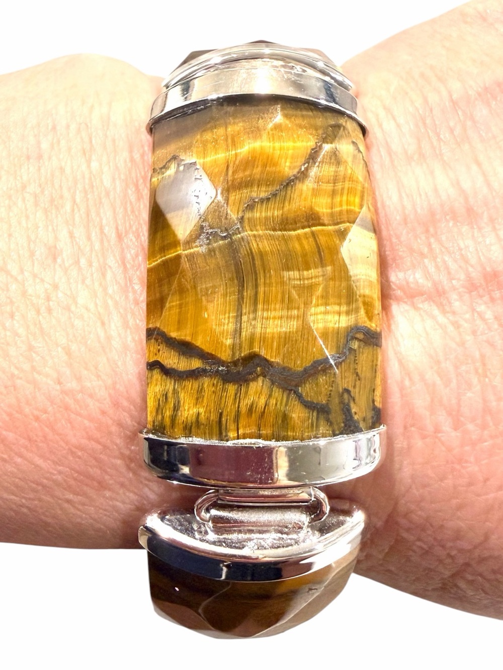 Vintage Whitney Kelly 925 Sterling Silver Tigers Eye 5 Panel Link Bracelet 7.5”